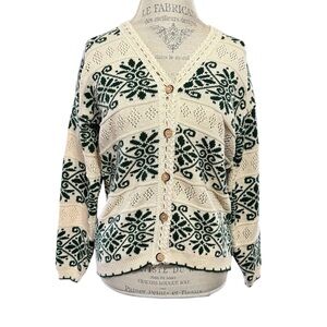 Vintage Your Choice Women's Cream and Green Cardigan Sweater Large